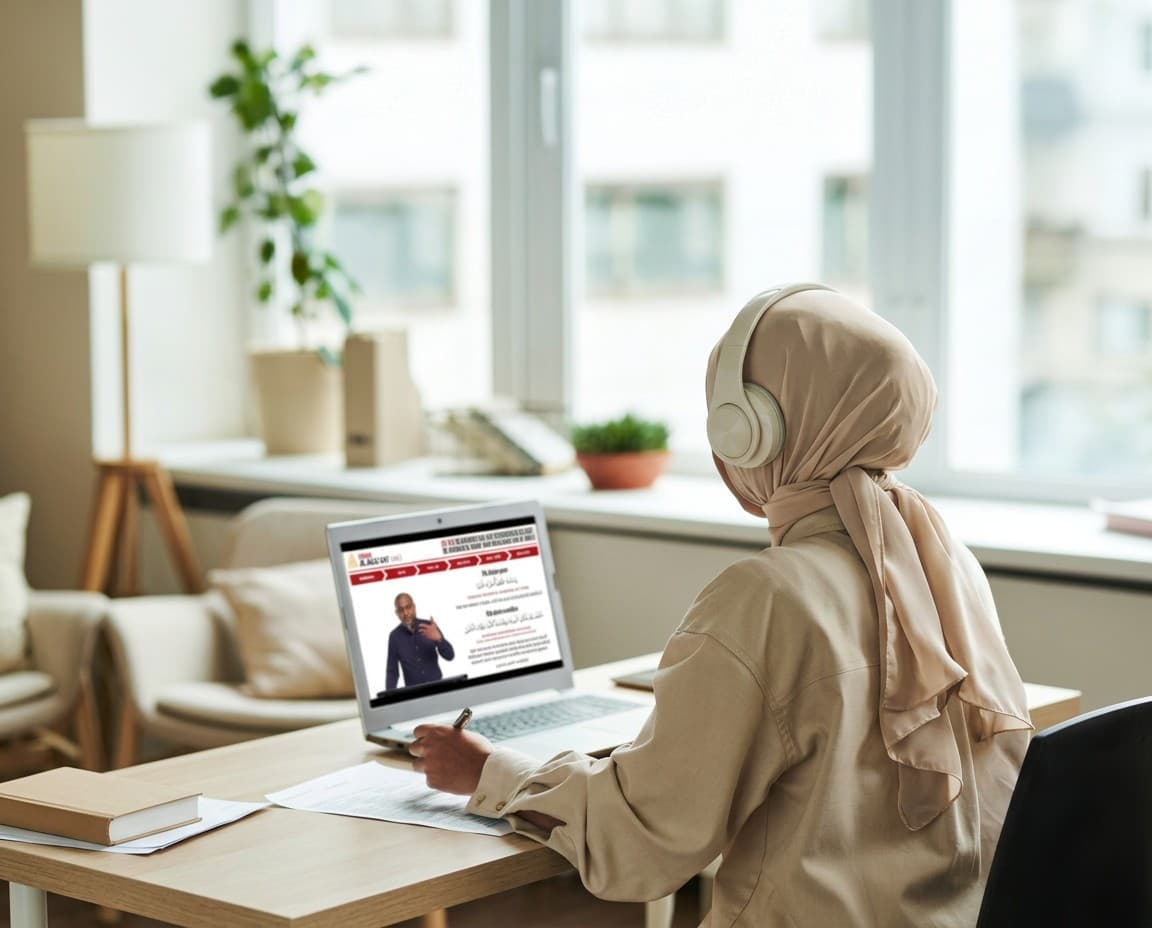 Studente volgt een online les van De Koran van Kaft tot Kaft