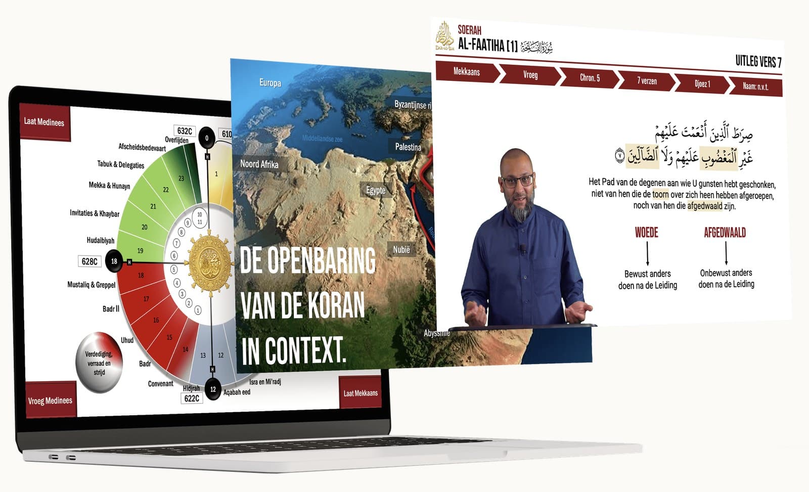 Beelden uit de leeromgeving op een laptop: een tijdlijn van de openbaring, een kaart bij de context en een videoles over soerah al-Faatiha