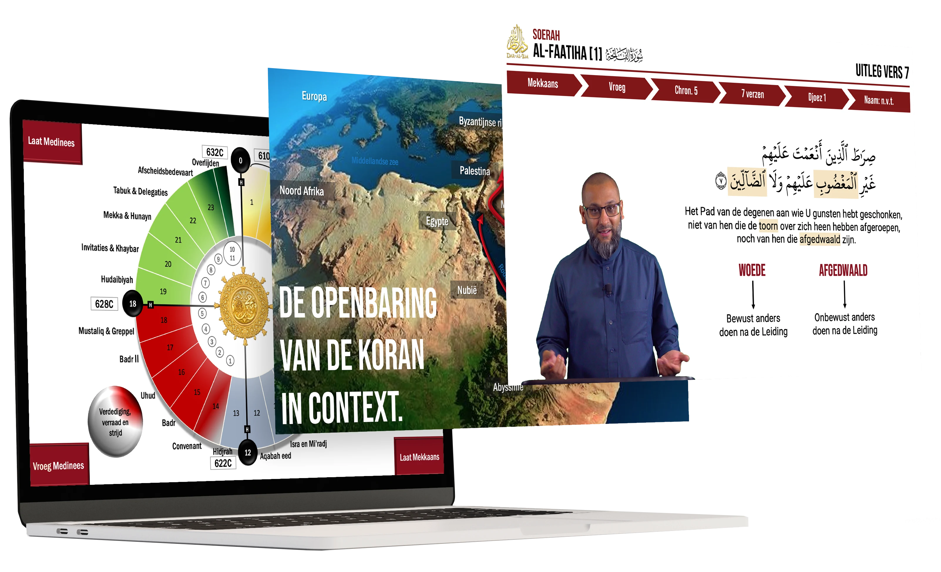 Beelden uit de leeromgeving: een tijdlijn van de openbaring, een kaart van het Arabisch schiereiland en een les over soerah al-Faatiha